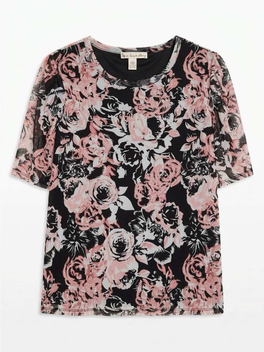 Black Top with Pink Floral Mesh Overlay